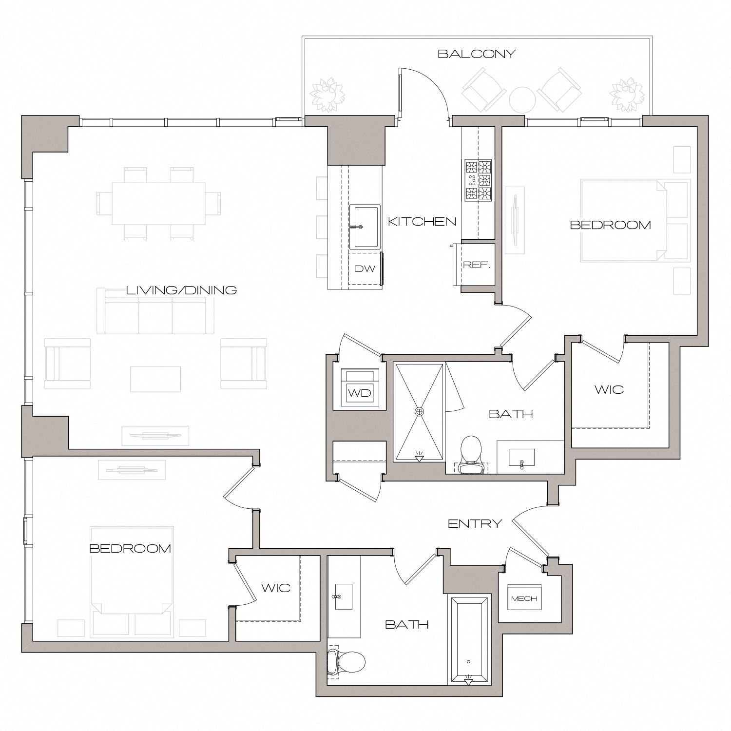 Floor plan for 2 beds, 2 baths, 1221 sqft